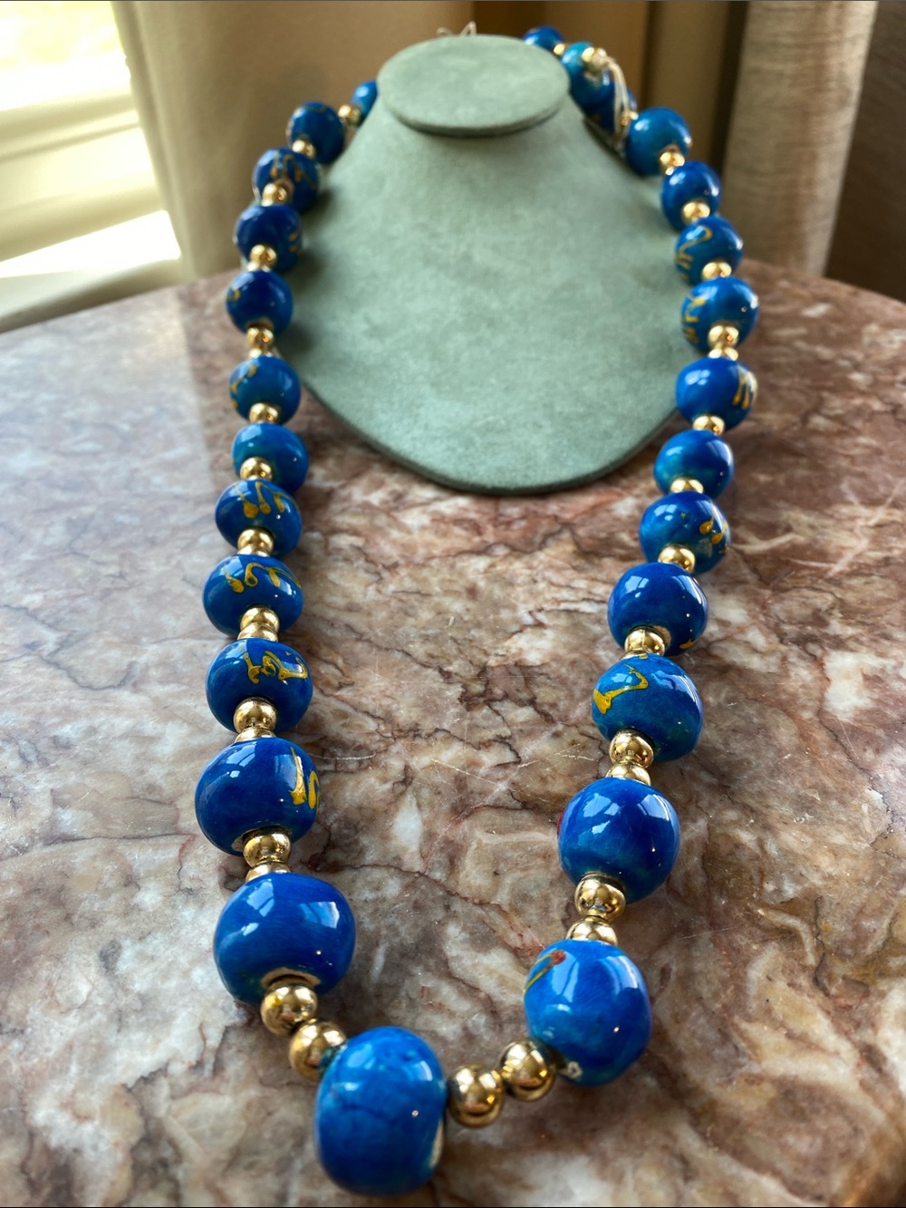 Vintage Style Colbat Blue Glazed Ceramic Bead Necklace Gold Tone Artisan